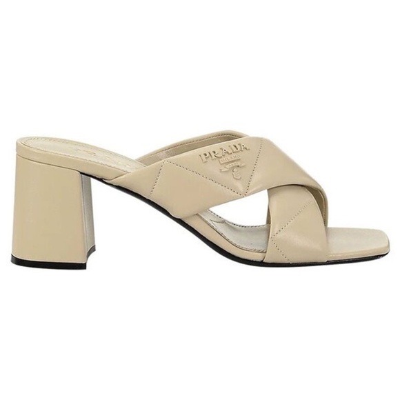Prada Beige pebbled leather quilted criss cross 65mm block heel mules EU 40 - Picture 4 of 14